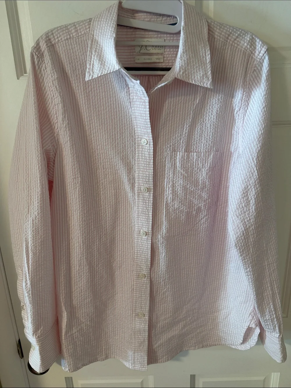 J.Crew Women’s Pink Cotton Pinstripe Seersucker Button Down Preppy Size 10